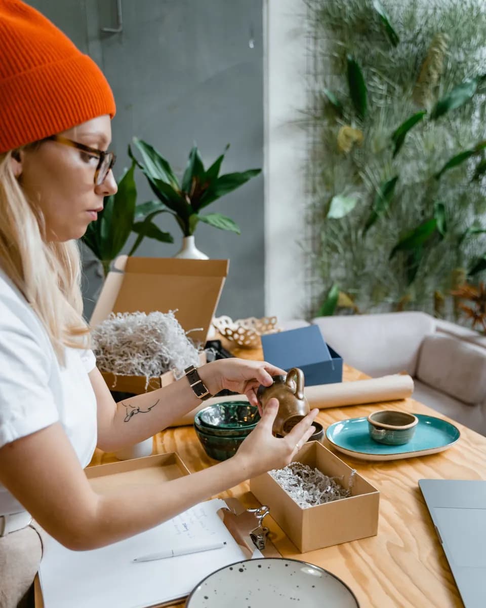 Créatrice emballant une commande de céramiques pour une boutique en ligne